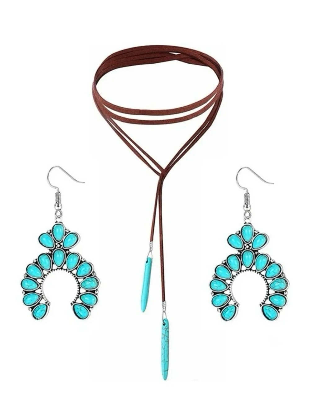 Turquoise Stone Brown Suede Lariat Necklace & Earrings Set